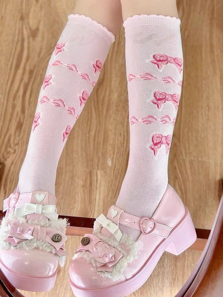 Pink Sweet Bowknot Pattern Lolita Calf Socks