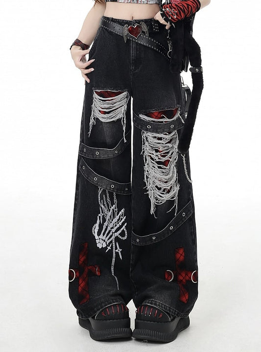 Grey/Red Plaid Faded Wash Distressed Holes Vintage Punk Wide-leg Jeans