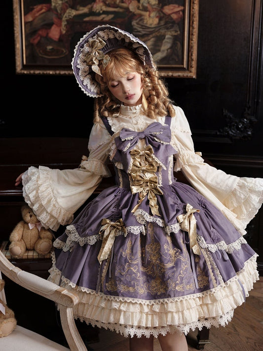 Bows Decoration Candle Embroidery Purple Velvet Dress Lolita JSK / Set