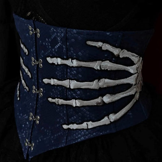 Hand bone Embroidery Dark Blue Gothic Lolita Snakeskin-grain Leather Corset Belt