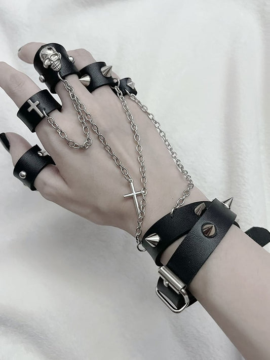 Black Stud Detail PU Punk Bracelet with Rings