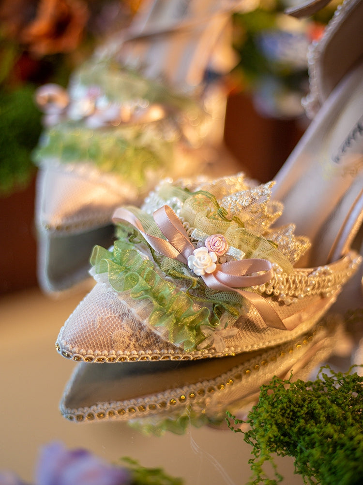 Green Beaded Decorated Knotted Bow Accent Floral Design Pointed Toe 5CM/8CM High Heels