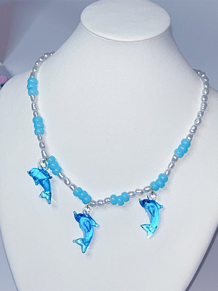 Blue Y2K Dolphin Pendant Beaded Necklace