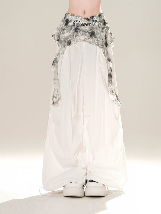 White Elastic Waist Wide-leg Casual Pants with Cascading Ruffles Waist Accessory