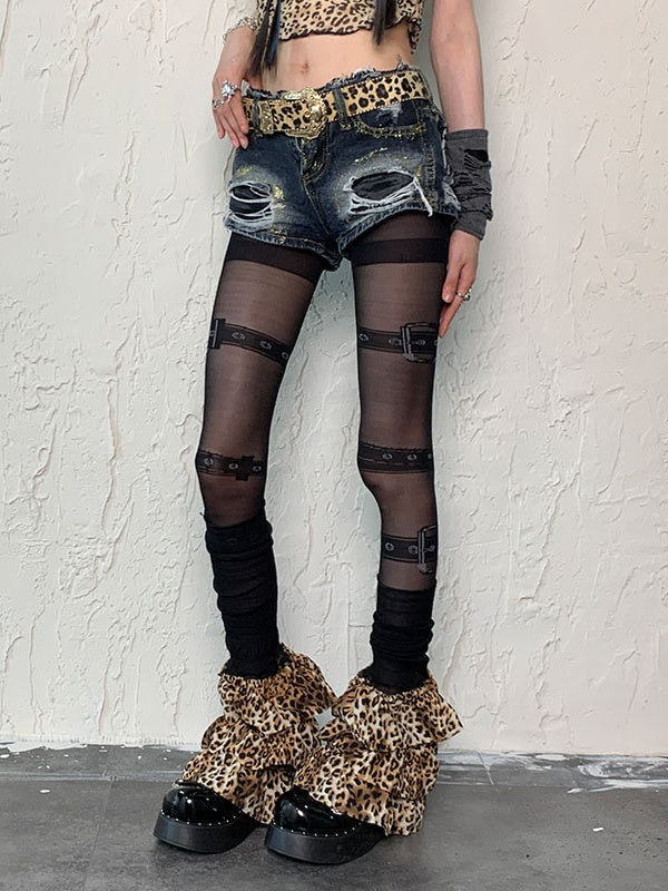 Black Punk Buckle Print Tights+Leopard Print Leg Warmers Set