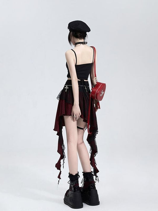 Lace Panel Irregular Hem Plaid Skirt Black and Red/Black and Pink Music Festival Outfits