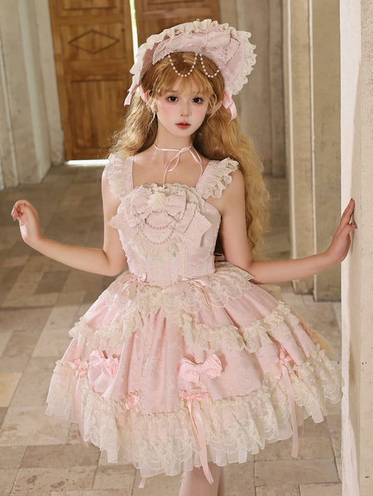 Pink Jacquard Fabric Sweet Bow Accents Dress Lolita Jumper Skirt