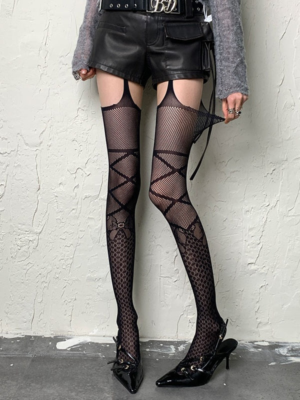 Black Bowknot Crisscorss Banded Hollow-out Suspender Tights