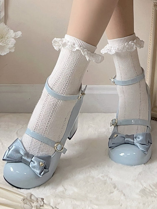 Sweet Blue Mary Janes for Lolita - High Heel with Romantic Heart Accented Bow
