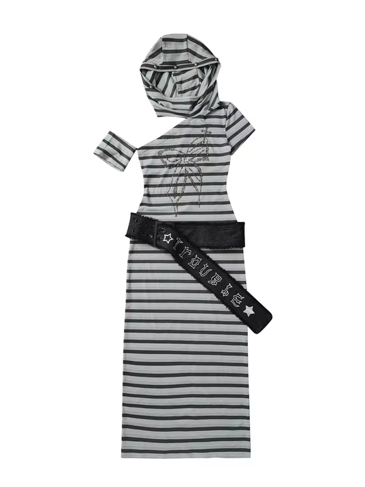 Gray and Green Cutout Shoulder Wasteland Punk Hooded Striped Dress with Buckle Belt