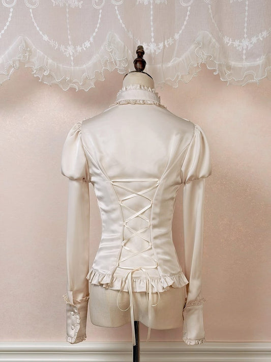 Beige Juliette Sleeves Lolita Blouse with Lace-Up Back and Ruffled Details