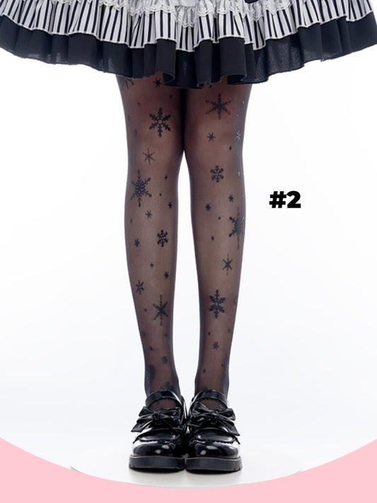 4 Options White/Black Snowflake Print Lolita Tights