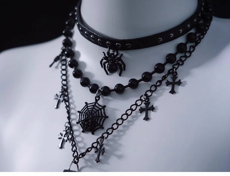 Spider Web and Cross Pendant Black Gothic Triple Layered Necklace
