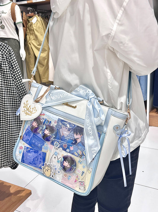 White and Blue Bowknot and Heart-shaped Charm Ita Bag