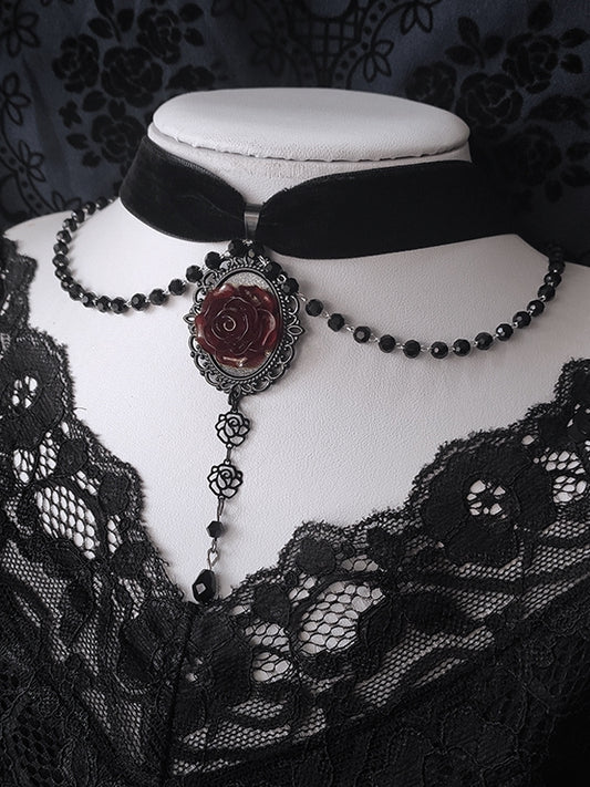 Black Beads Detail Gothic Rosette Velvet Choker