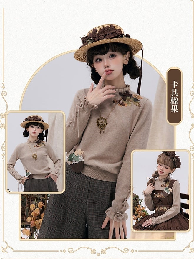 Pinecone Embroidery Neckline Lace-up Cuffs Khaki Autumn Knit Top