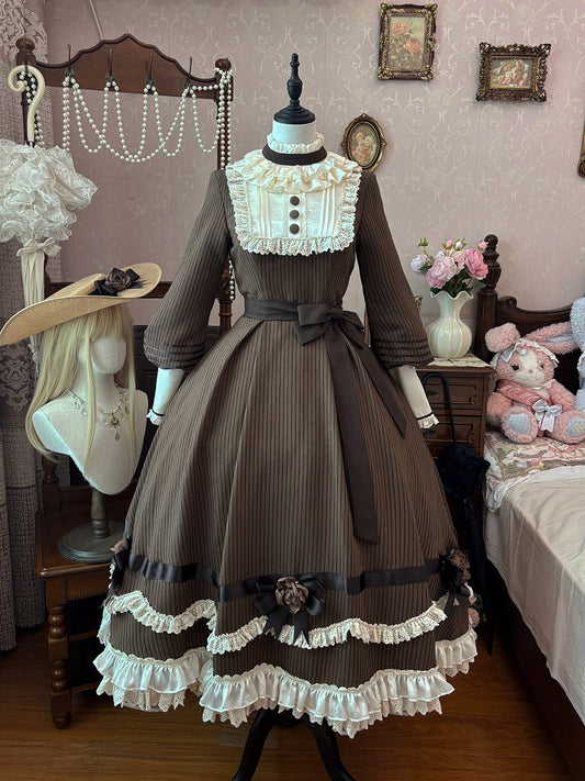 Beige Ruffle Neckline Brown Long Sleeves Striped Dress with Waist Belt