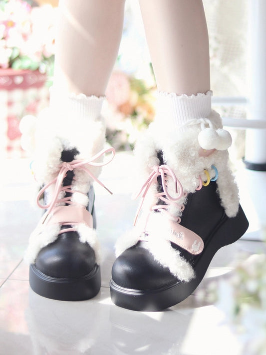 Thick Sole with Plush Rabbit Decor & Dual Closure System Black Snow Boots in Sweet Lolita