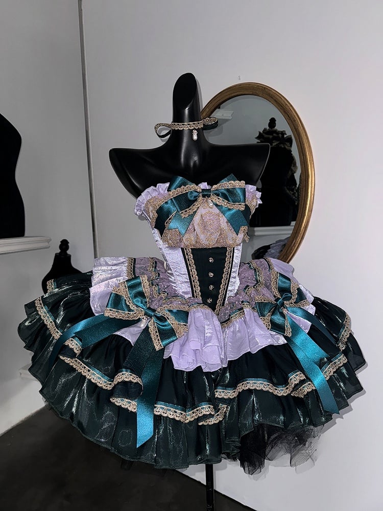 Green and Light Purple Layers Puffy Lolita Dress with Gold Lace Trim and Bow Accents