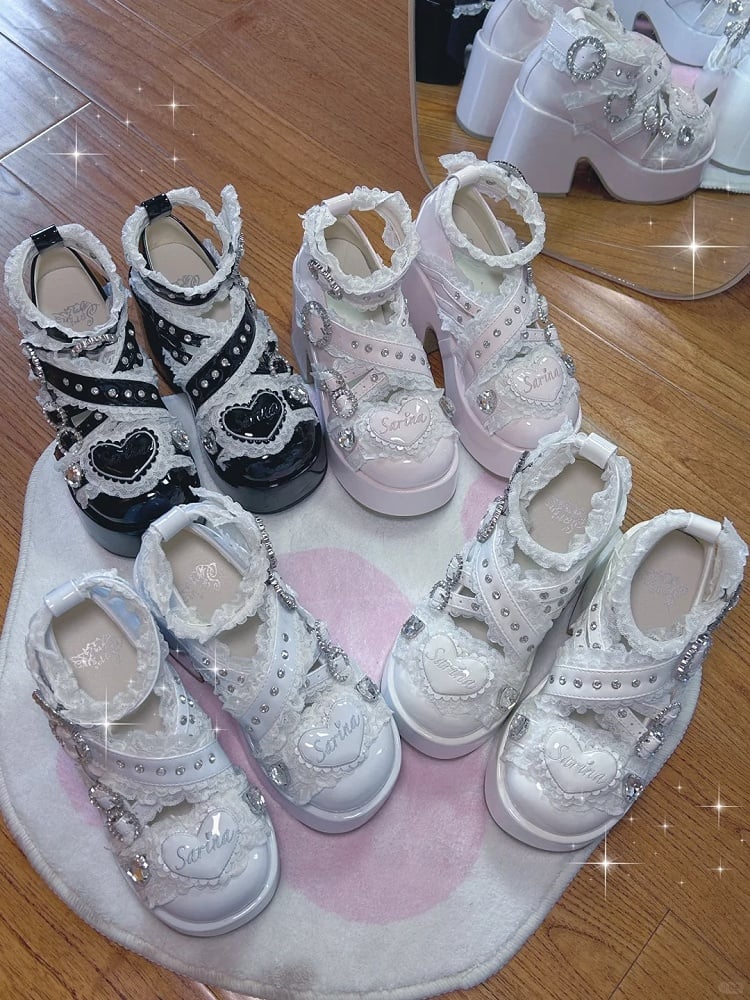 Jirai Kei Tenshi Kaiwai Platform Heels: Light Blue Criss-Cross Buckle Straps with Lace & Rhinestone Details