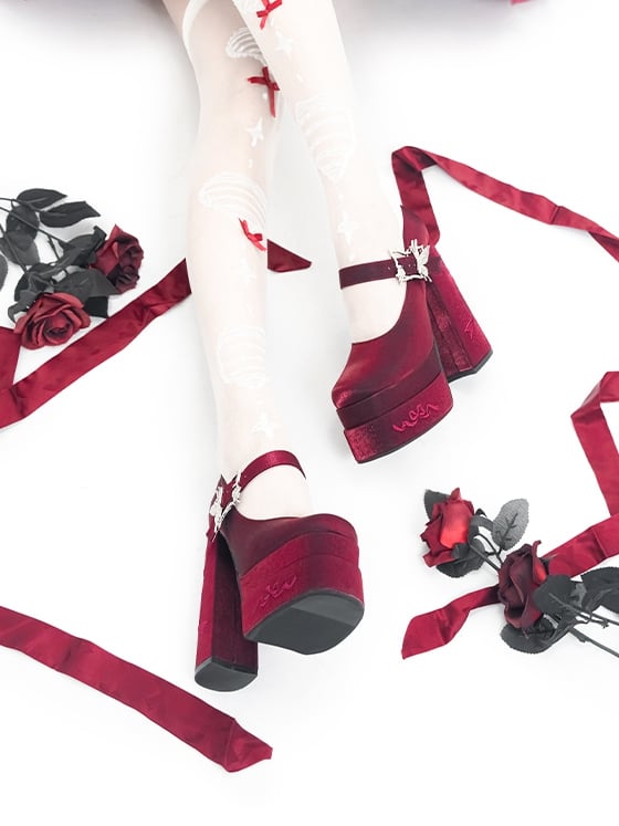 Bowknot Embroidery Butterfly-shaped Buckle Wine Red Platform Mary Janes High Block Heels