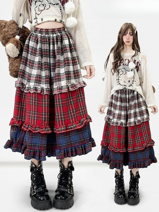 Red Christmas Plaid Pattern Tiered Ruffles Skirt