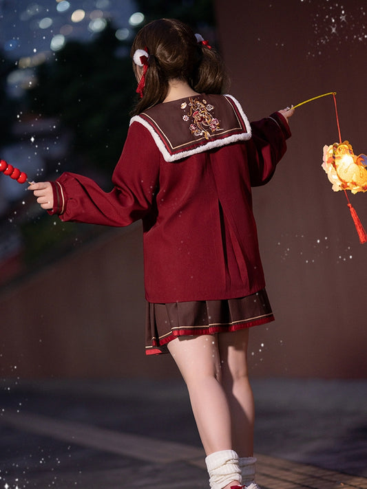 Plus Size New Year Floral Embroidery Brown Pleated Skirt