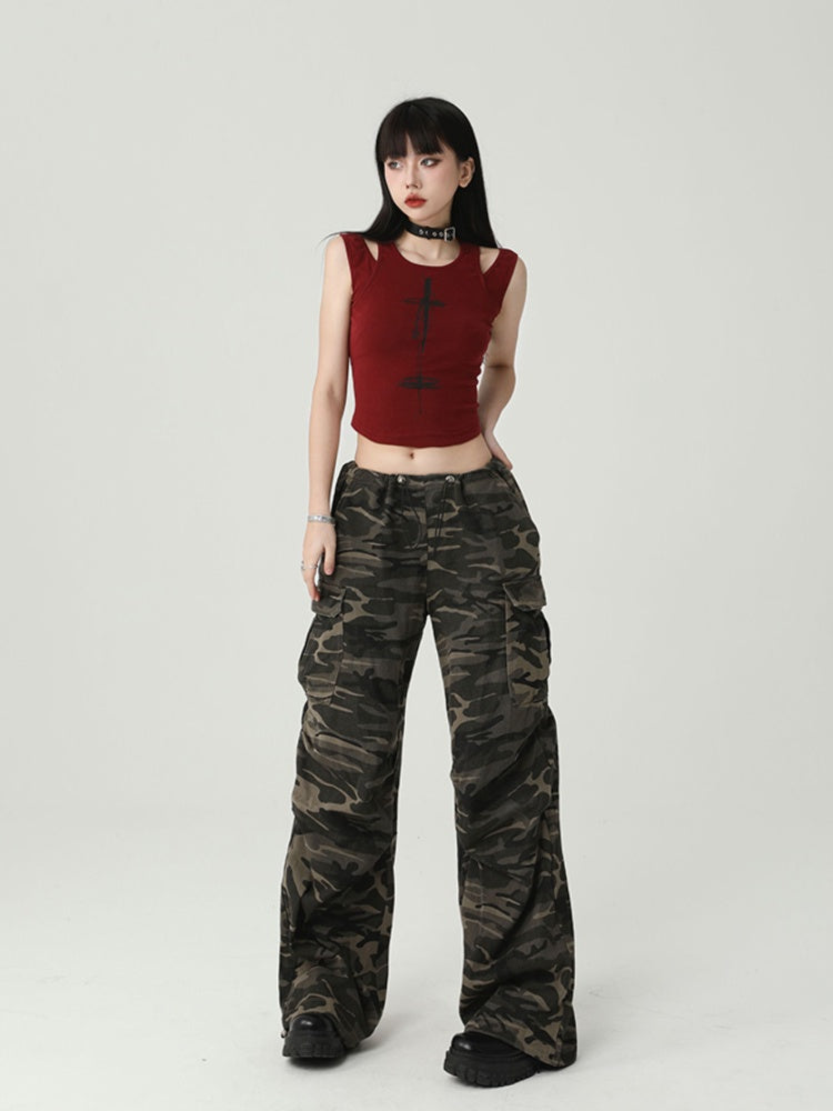 Gothic Wine Red Cross Print Backless Glamorous Cropped Sleeveless Top