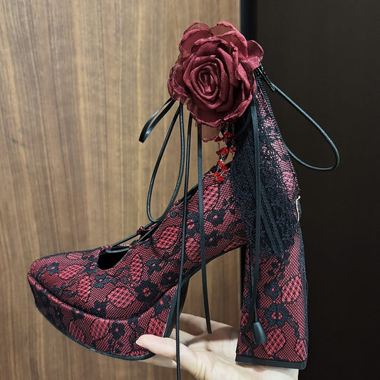 Black/Red Floral Accents, Convenient Back Zip & Crisscross Detail Red Mary Janes in Gothic Style