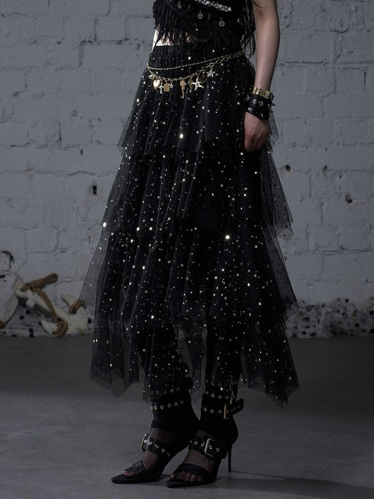 Black/White/Apricot Elastic Waist Sequin Details Tiered Mesh Skirt