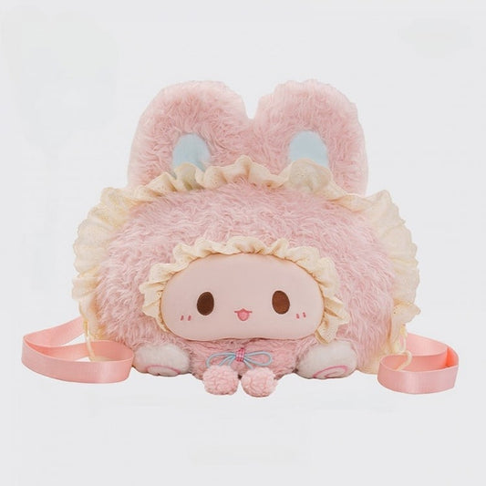 Pink Rabbit-shaped Lace Trim Plush Backpack