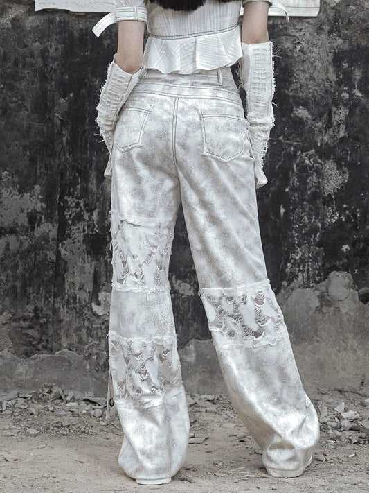 White Double Waistband Distressed Holes Punk Cargo Pants