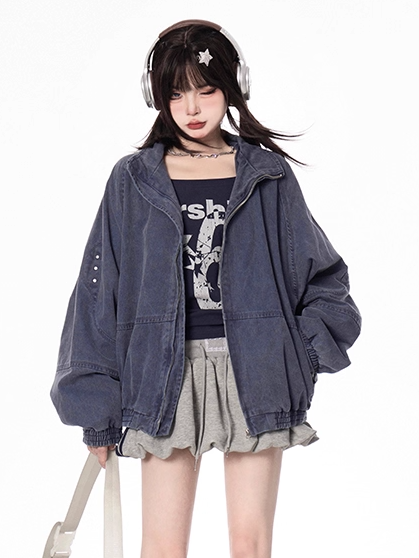 Blue/Apricot Banded Collar Faded Wash Distressed Design Autumn Zip-up Jacket