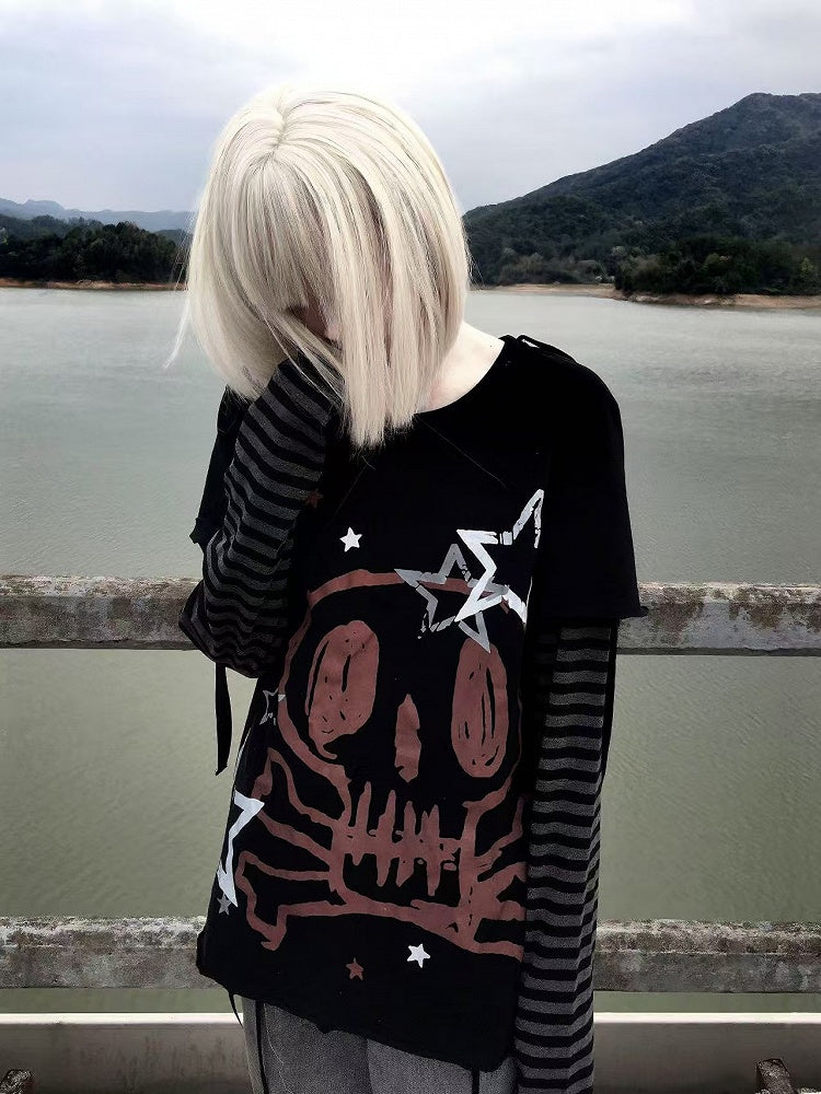 Black Skeleton and Star Print Punk Rock Cotton Top Faux Two-pieces