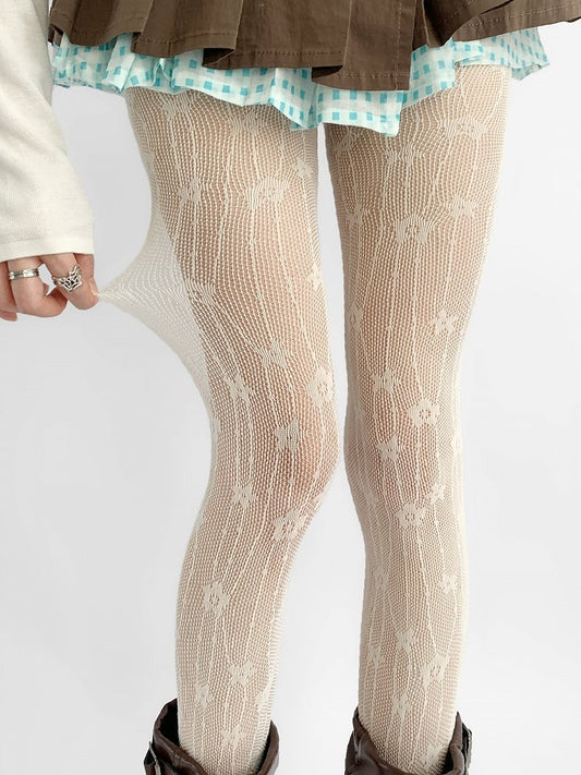 Beige Floral Details Hollow-out Design Tights
