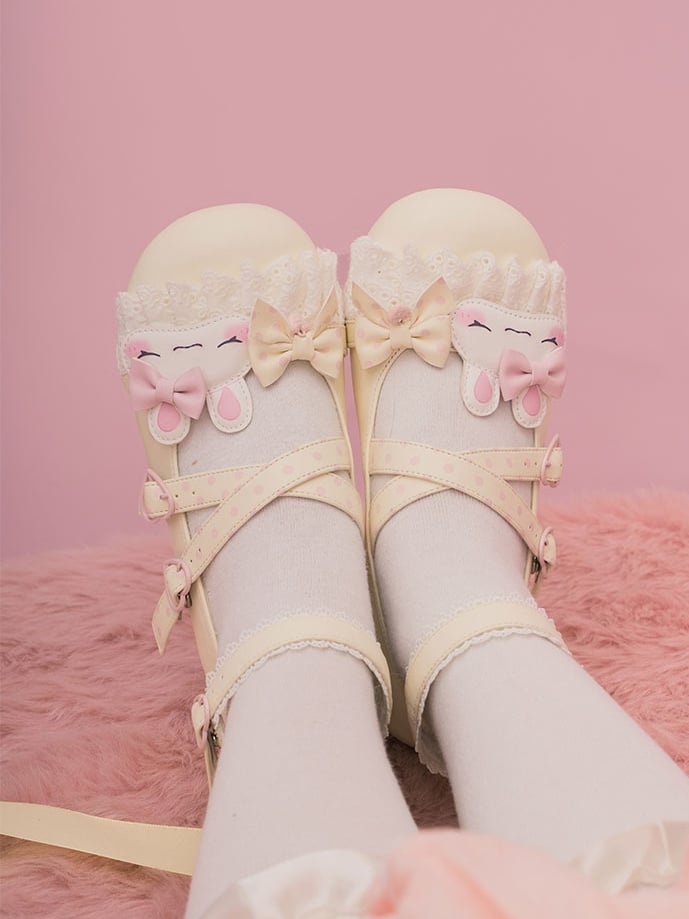 Yellow Polka-dot Pattern Crisscross Design Bowknot Details Bunny Applique Lace Trim Sweet Lolita Shoes