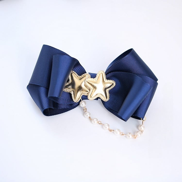 Sweet Dark Blue Asymmetric Bowknot Hairclip with Bead Chain and Golden Star Decorations