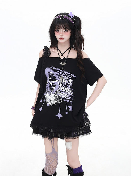 Black Off-the-shoulder Neckline Loose Graphic T-shirt