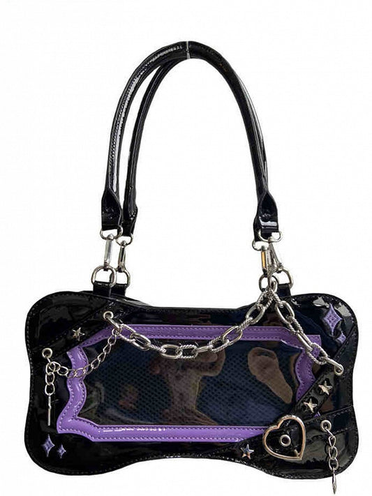 Black & Purple Bone Shape Ita Shoulder Bag with Cross Charm Chain