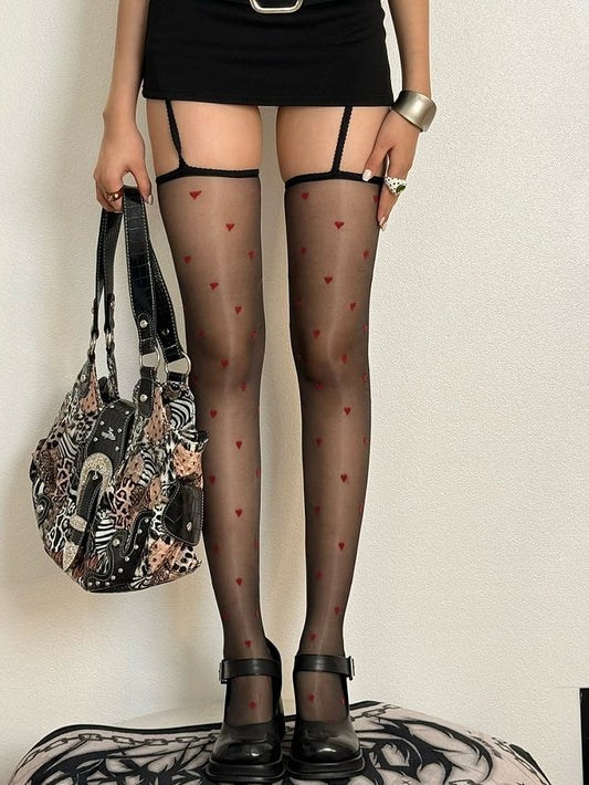 Nude/Black Heart Pattern Suspender Stockings