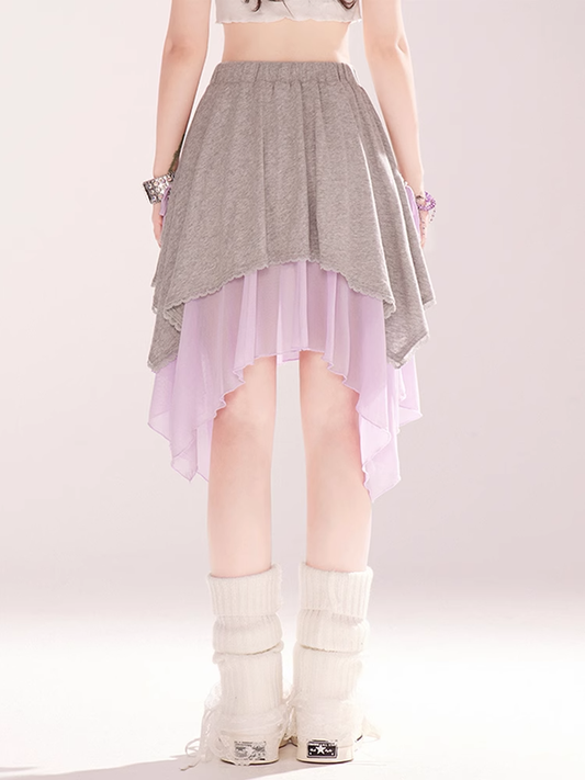 Gray and Purple Colorblock Elastic Waist Handkerchief Hem Skirt