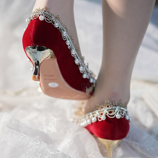 Red Beaded Floral and Charm 5CM/7CM/9CM Cheongsam Style Hime Lolita High Heels