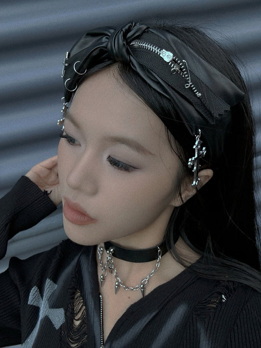 Gothic Punk Black Cross Charms Zipper Design PU Bowknot KC