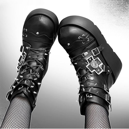 Metal Skull Matte Black Punk Wedge Platform Boots Spike Stud Detailing