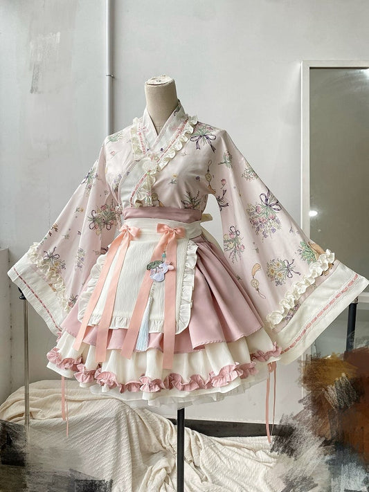 Sakura Pink Herbal Medicine Crossover Neckline Top + Skirt Han Lolita Set Cherry Blossom Festival Outfit