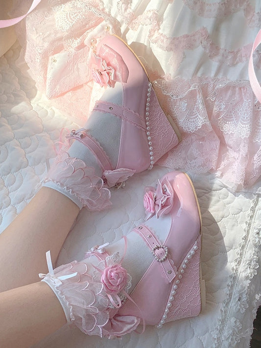 Pink Elegant Lolita Wedge Shoes in PU Leather with Removable Rose Details & Beadwork