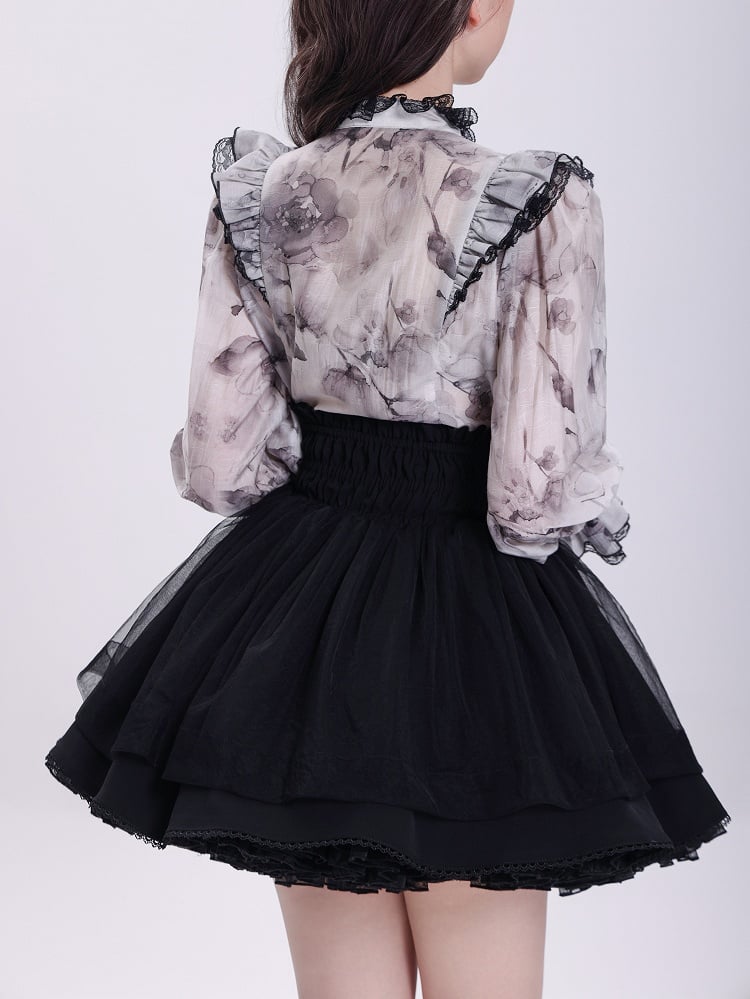 Buckle Straps and Lace-up Front High Waist Tulle Overlay Jirai Kei Black Skirt