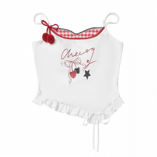 Cherry Charm White Cami Top with Red Plaid Neckline