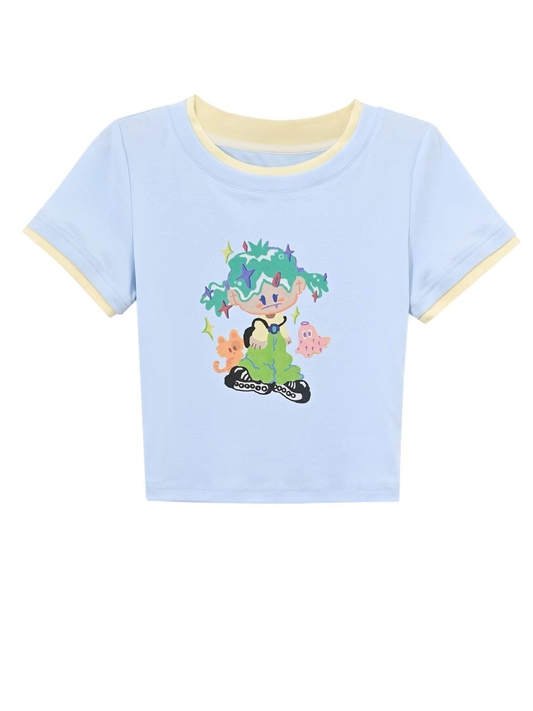 Cartoon Girl Print Blue Round Neck Cropped T-shirt with Free Necklace
