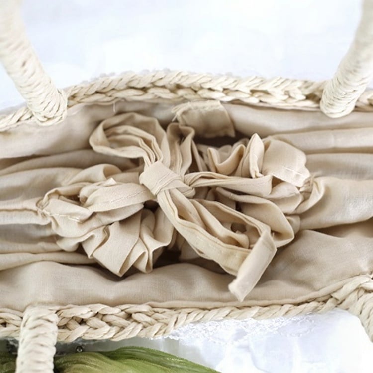 Fresh Lolita Floral Bowknot Lace Trimmed Straw Handbag
